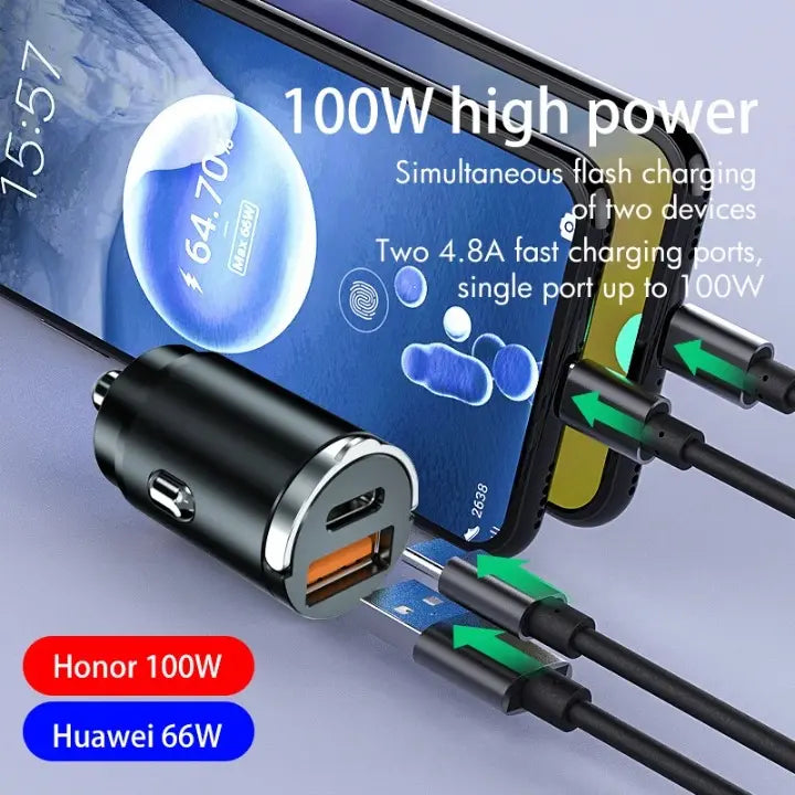 Incarcator Auto Bricheta Mini Staryon® SuperFastCharge 100W, USB-A 100W + USB Tip C PD 15W Incarcare Rapida, Compatibilitate Universala, Apple, Samsung, Huawey, Xiaomi, Google, Tableta, Corp Metalic, 12V/24V, Negru
