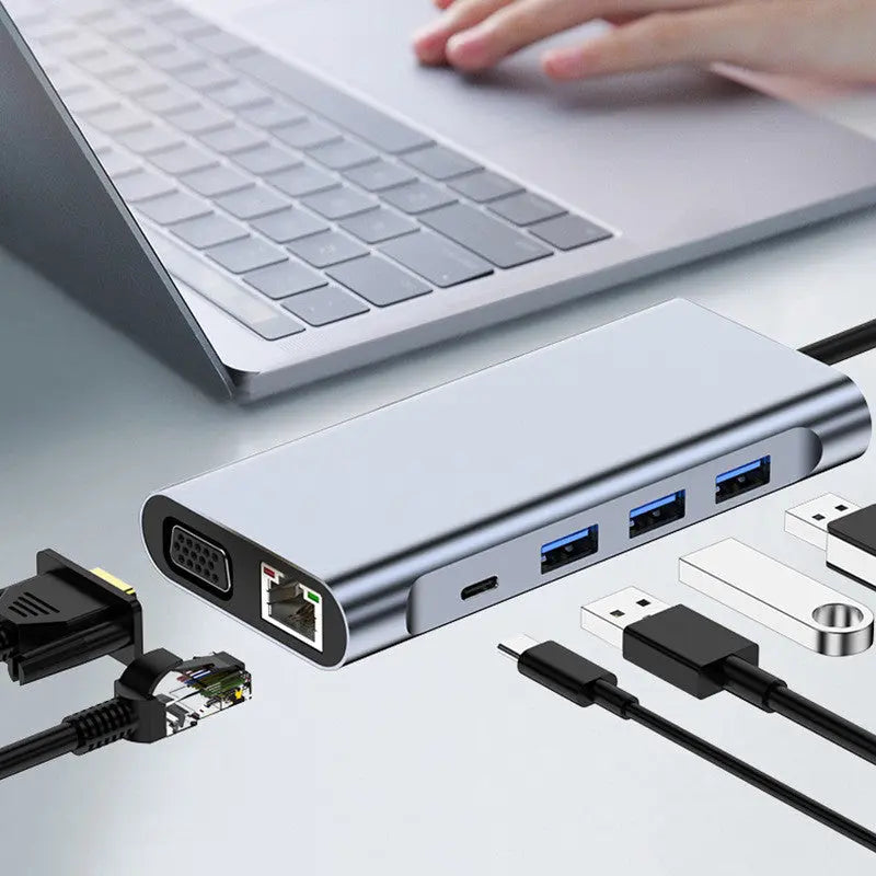 Hub Adaptor Multiport 11 in 1 USB-C 3.1 Staryon® la HDMI 4K / VGA / LAN RJ45 Ethernet (1000 MB/S) / 1x USB-C Data / 3x USB-A 3.0 / Jack Audio / Power Delivery Port 100W / TF si SD Card Reader, Docking Station Laptop, MacBook Air/Pro, Telefon, Tableta, Gri