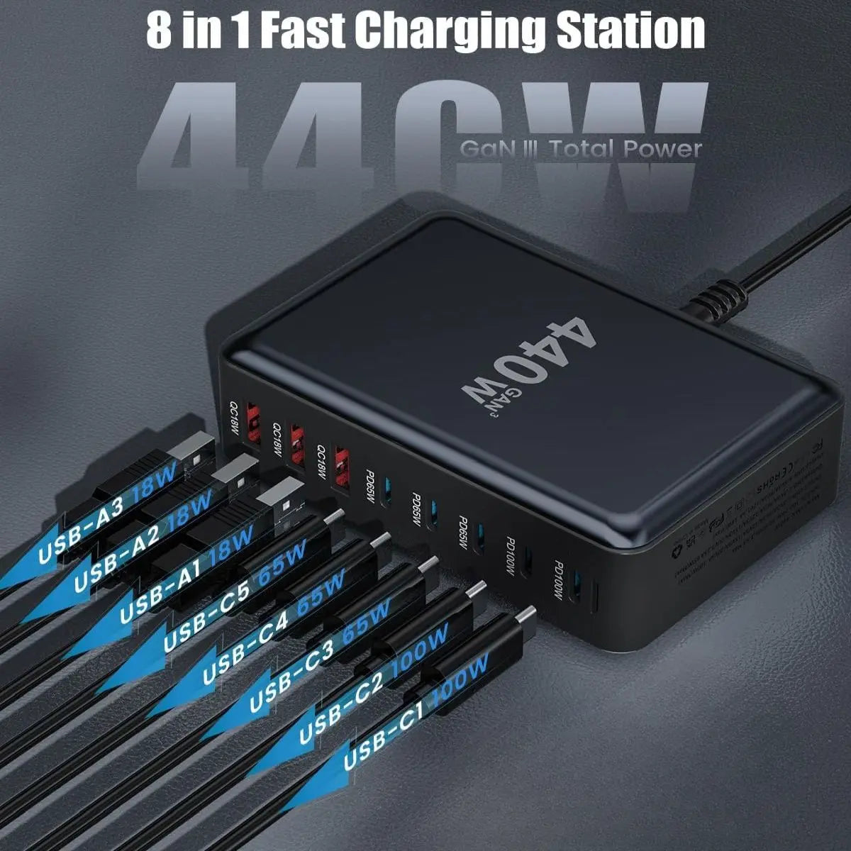 Statie incarcare USB 440W GaN PRO 8 in 1, 5x USB-C & 3x USB-A Staryon®
