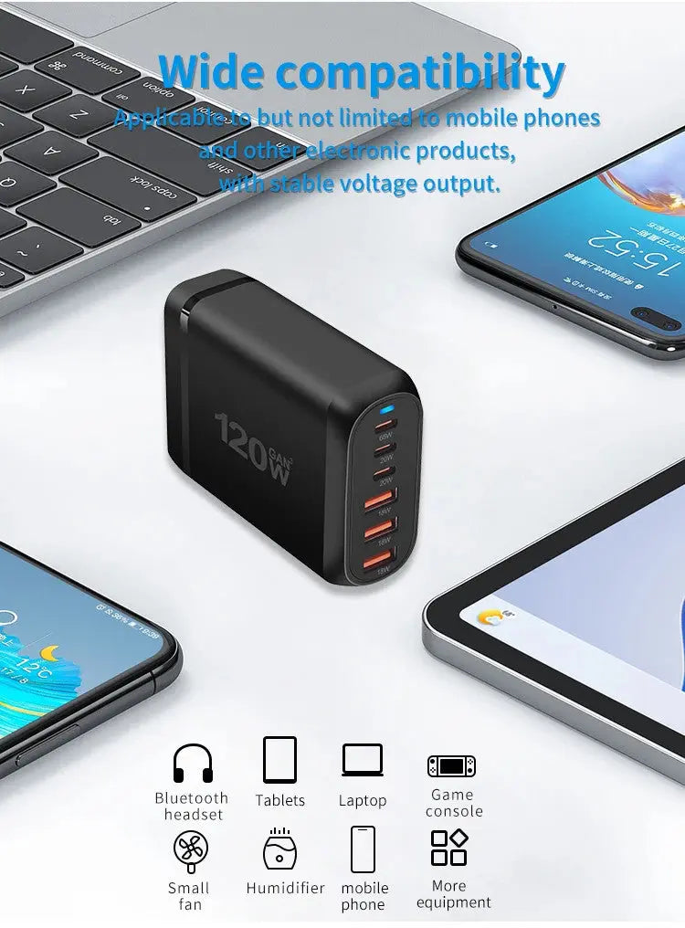 Statie de Incarcare USB 120W GaN PRO 6 in 1, 3 USB-C & 3 USB-A, Incarcare Ultrarapida pentru 6 Dispozitive, Protectie Avansata si Disipare Eficienta a Caldurii, Incarcare Universala pentru Laptopuri & Telefoane