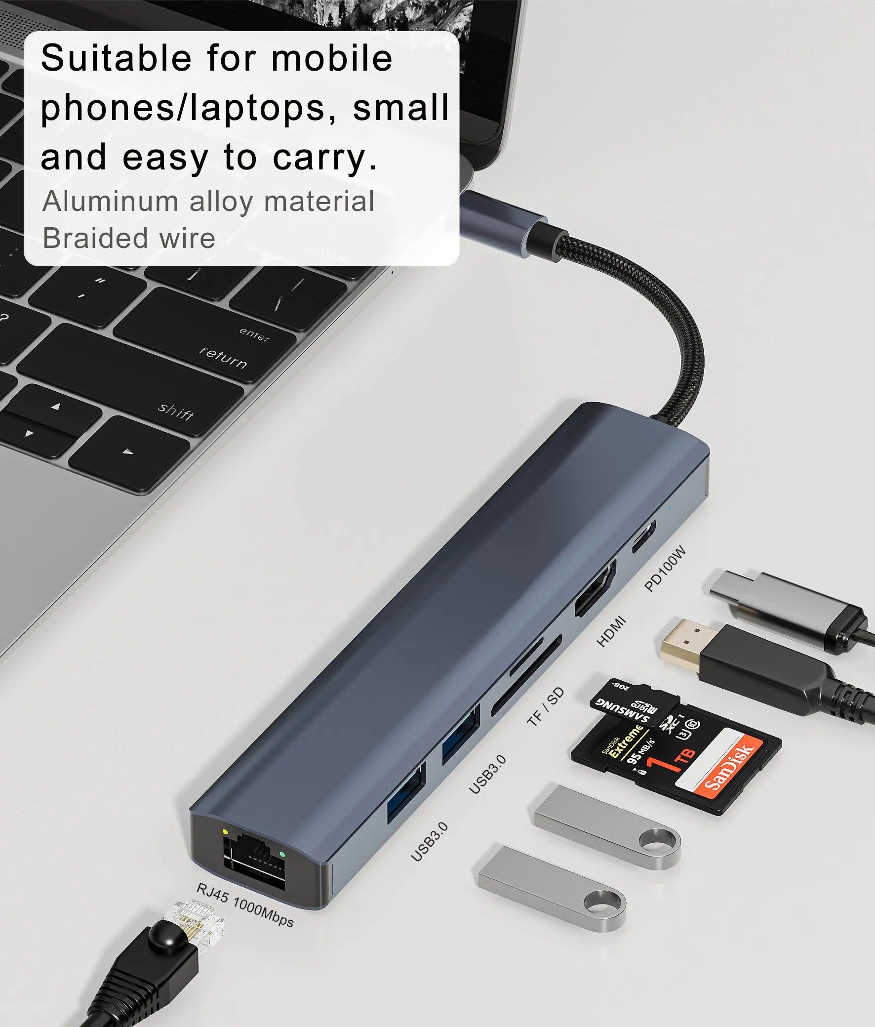 Hub Adaptor Multiport 7 in 1 USB-C 3.1 Staryon® la HDMI 4K / LAN RJ45 Ethernet (1000 MB/S) / 2x USB 3.0 / Power Delivery Port 100W / TF si SD Card Reader, Docking Station Laptop, MacBook Air/Pro, Telefon, Tableta, Gri
