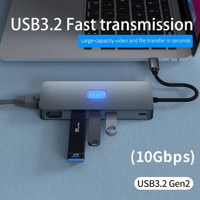 Hub Adaptor Multiport 11 in 1 USB-C 3.2 Staryon® la HDMI 4K@60Hz / DP 4K@60Hz / VGA 1080P@60Hz / RJ45 Ethernet 1000Mbps / 3 x USB 3.2 / TF si SD Card Reader / 3.5-mm Jack Audio / PD Port 100W, Docking Station pentru Laptop, MacBook, Chromebook, Telefon