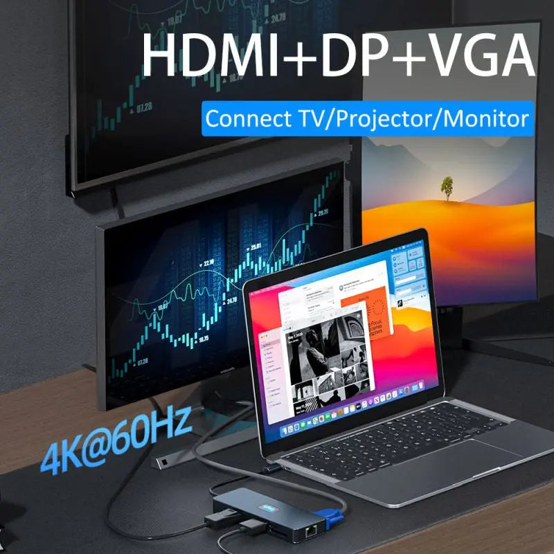 Hub Adaptor Multiport 11 in 1 USB-C 3.2 Staryon® la HDMI 4K@60Hz / DP 4K@60Hz / VGA 1080P@60Hz / RJ45 Ethernet 1000Mbps / 3 x USB 3.2 / TF si SD Card Reader / 3.5-mm Jack Audio / PD Port 100W, Docking Station pentru Laptop, MacBook, Chromebook, Telefon