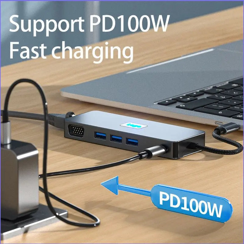 Hub Adaptor Multiport 11 in 1 USB-C 3.2 Staryon® la HDMI 4K@60Hz / DP 4K@60Hz / VGA 1080P@60Hz / RJ45 Ethernet 1000Mbps / 3 x USB 3.2 / TF si SD Card Reader / 3.5-mm Jack Audio / PD Port 100W, Docking Station pentru Laptop, MacBook, Chromebook, Telefon