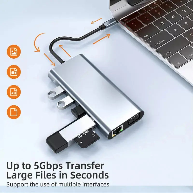 Hub Adaptor Multiport 11 in 1 USB-C 3.1 Staryon® la HDMI 4K / VGA / LAN RJ45 Ethernet (1000 MB/S) / 1x USB-C Data / 3x USB-A 3.0 / Jack Audio / Power Delivery Port 100W / TF si SD Card Reader, Docking Station Laptop, MacBook Air/Pro, Telefon, Tableta, Gri