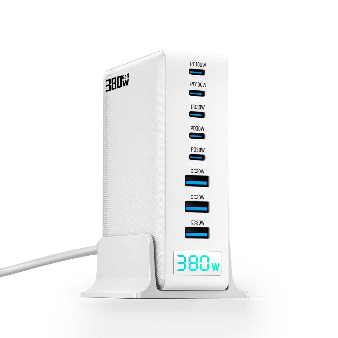 Statie de Incarcare USB 380W GaN PRO 8 in 1, 5 USB-C & 3 USB-A, Incarcare Ultrarapida pentru 8 Dispozitive, Protectie si Disipare Eficienta a Caldurii, Incarcare Universala pentru Laptopuri & Telefoane, Compacta si Puternica, Staryon®, Alb