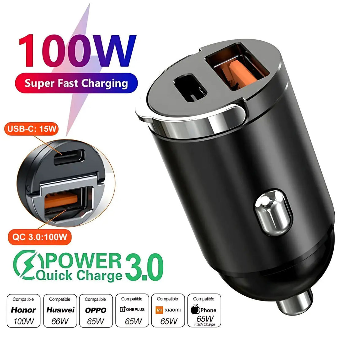 Incarcator Auto Bricheta Mini Staryon® SuperFastCharge 100W, USB-A 100W + USB Tip C PD 15W Incarcare Rapida, Compatibilitate Universala, Apple, Samsung, Huawey, Xiaomi, Google, Tableta, Corp Metalic, 12V/24V, Negru