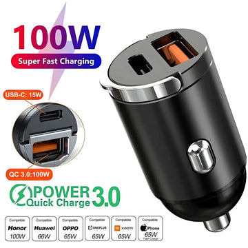 Incarcator Auto Bricheta Mini Staryon® SuperFastCharge 100W, USB-A 100W + USB Tip C PD 15W Incarcare Rapida, Compatibilitate Universala, Apple, Samsung, Huawey, Xiaomi, Google, Tableta, Corp Metalic, 12V/24V, Negru