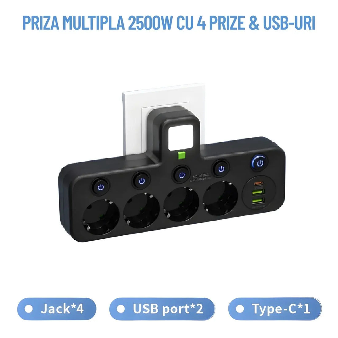Bloc Multipriza Staryon® 2500W, 4x Schuko + 3x USB, Negru Staryon®