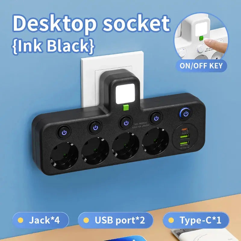 Bloc Multipriza Staryon® 2500W, 4x Schuko + 3x USB, Negru Staryon®