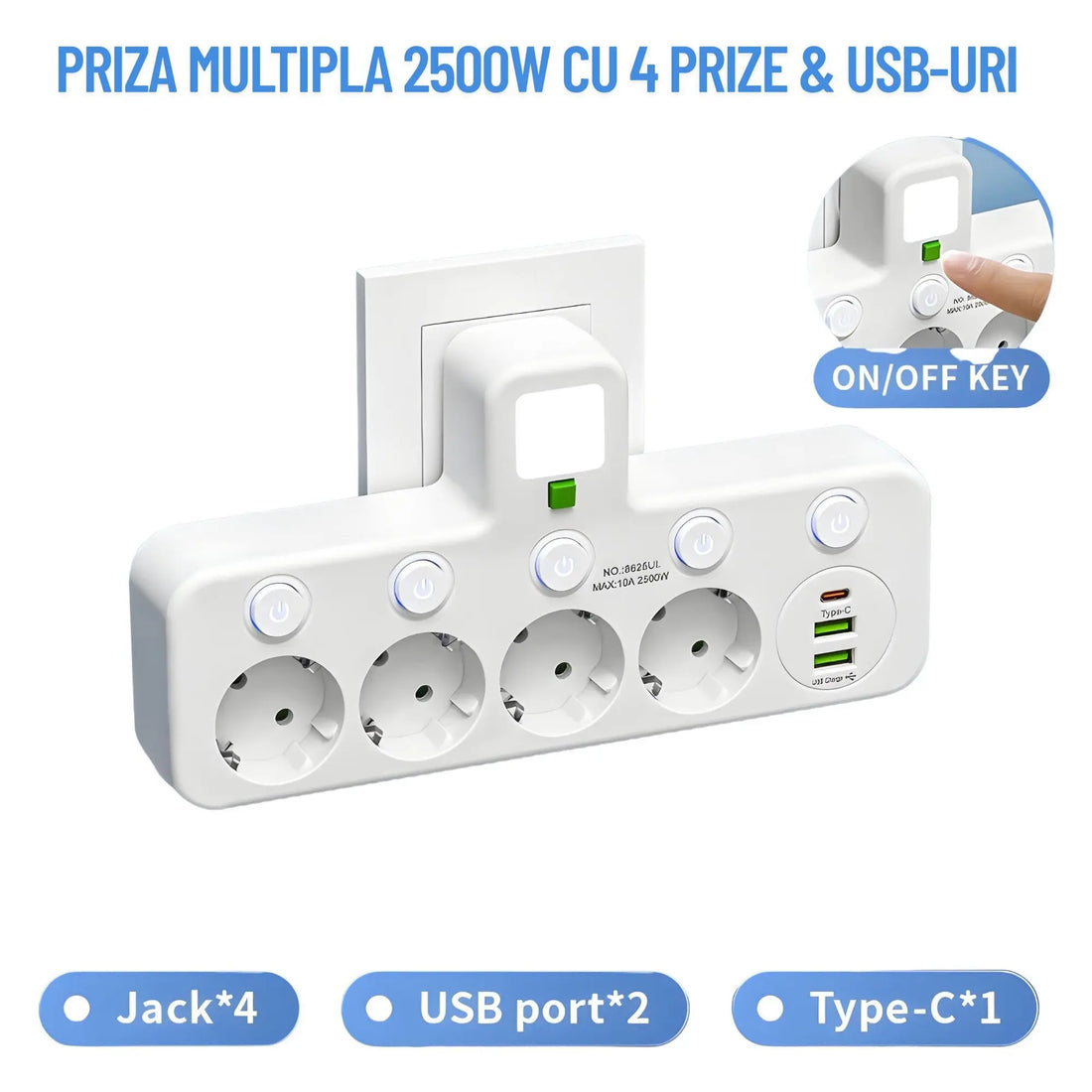 Bloc Multipriza Staryon® 2500W, 4x Schuko + 2x USB-A + 1x USB-C, Alb Staryon®